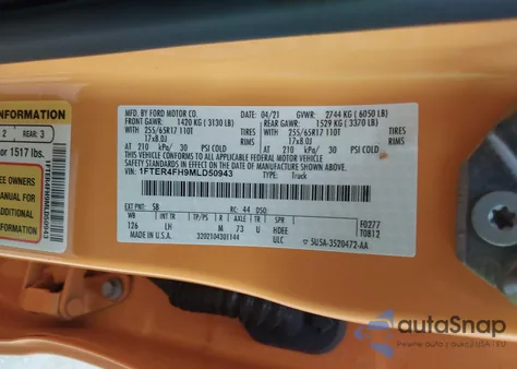 2021 Ford Ranger Xlt z USA, uszkodzony, nr VIN 1FTER4FH9MLD50943